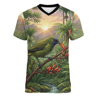 Bellbird New Zealand Personalised Women V-Neck T-Shirt Korimako Harakeke Flower Native Forest LT22 Female Green - Polynesian Pride