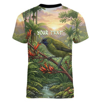 Bellbird New Zealand Personalised Women V-Neck T-Shirt Korimako Harakeke Flower Native Forest LT22 - Polynesian Pride