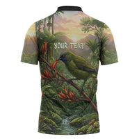 Bellbird New Zealand Personalised Zipper Polo Shirt Korimako Harakeke Flower Native Forest LT22 - Polynesian Pride