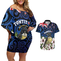 Tomtit New Zealand Personalised Couples Matching Off Shoulder Short Dress and Hawaiian Shirt Miromiro Manuka Flower Maori Pattern LT22 Blue - Polynesian Pride