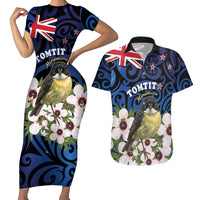 Tomtit New Zealand Personalised Couples Matching Short Sleeve Bodycon Dress and Hawaiian Shirt Miromiro Manuka Flower Maori Pattern LT22 Blue - Polynesian Pride
