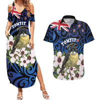 Tomtit New Zealand Personalised Couples Matching Summer Maxi Dress and Hawaiian Shirt Miromiro Manuka Flower Maori Pattern LT22 Blue - Polynesian Pride