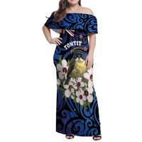 Tomtit New Zealand Personalised Family Matching Off Shoulder Maxi Dress and Hawaiian Shirt Miromiro Manuka Flower Maori Pattern LT22 Mom's Dress Blue - Polynesian Pride