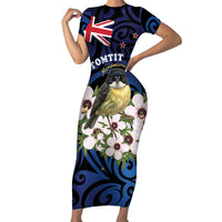 Tomtit New Zealand Personalised Short Sleeve Bodycon Dress Miromiro Manuka Flower Maori Pattern