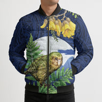 Kakapo New Zealand Personalised Bomber Puffer Jacket Kowhai Flower Silver Fern Maori Pattern