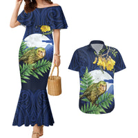 Kakapo New Zealand Personalised Couples Matching Mermaid Dress and Hawaiian Shirt Kowhai Flower Silver Fern Maori Pattern LT22 Blue - Polynesian Pride