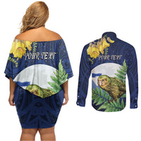 Kakapo New Zealand Personalised Couples Matching Off Shoulder Short Dress and Long Sleeve Button Shirt Kowhai Flower Silver Fern Maori Pattern LT22 - Polynesian Pride