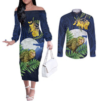 Kakapo New Zealand Personalised Couples Matching Off The Shoulder Long Sleeve Dress and Long Sleeve Button Shirt Kowhai Flower Silver Fern Maori Pattern LT22 Blue - Polynesian Pride