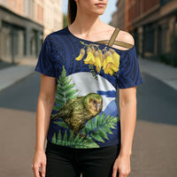 Kakapo New Zealand Personalised Cross Shoulder Shirt Kowhai Flower Silver Fern Maori Pattern LT22 - Polynesian Pride