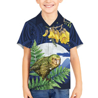 Kakapo New Zealand Personalised Family Matching Off The Shoulder Long Sleeve Dress and Hawaiian Shirt Kowhai Flower Silver Fern Maori Pattern LT22 Son's Shirt Blue - Polynesian Pride
