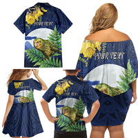 Kakapo New Zealand Personalised Family Matching Off Shoulder Short Dress and Hawaiian Shirt Kowhai Flower Silver Fern Maori Pattern LT22 - Polynesian Pride