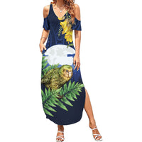 Kakapo New Zealand Personalised Family Matching Summer Maxi Dress and Hawaiian Shirt Kowhai Flower Silver Fern Maori Pattern LT22 Mom's Dress Blue - Polynesian Pride