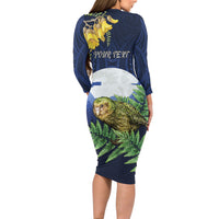 Kakapo New Zealand Personalised Long Sleeve Bodycon Dress Kowhai Flower Silver Fern Maori Pattern LT22 - Polynesian Pride