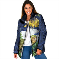 Kakapo New Zealand Personalised Padded Jacket Kowhai Flower Silver Fern Maori Pattern