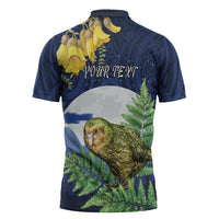 Kakapo New Zealand Personalised Zipper Polo Shirt Kowhai Flower Silver Fern Maori Pattern LT22 - Polynesian Pride