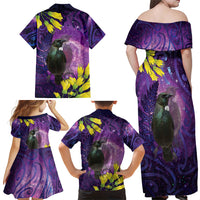 New Zealand Tui Bird Matariki Family Matching Off Shoulder Maxi Dress and Hawaiian Shirt Kowhai Flower Silver Fern Galaxy Maori Pattern LT22 - Polynesian Pride