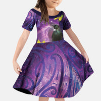 New Zealand Tui Bird Matariki Family Matching Short Sleeve Bodycon Dress and Hawaiian Shirt Kowhai Flower Silver Fern Galaxy Maori Pattern LT22 Daughter's Dress Purple - Polynesian Pride