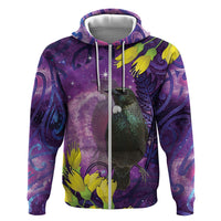 New Zealand Tui Bird Matariki Hoodie Kowhai Flower Silver Fern Galaxy Maori Pattern LT22 Zip Hoodie Purple - Polynesian Pride