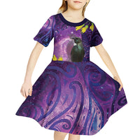 New Zealand Tui Bird Matariki Kid Short Sleeve Dress Kowhai Flower Silver Fern Galaxy Maori Pattern LT22 - Polynesian Pride