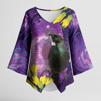 New Zealand Tui Bird Matariki Kimono Sleeve Blouse Kowhai Flower Silver Fern Galaxy Maori Pattern LT22 Female Purple - Polynesian Pride