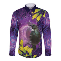 New Zealand Tui Bird Matariki Long Sleeve Button Shirt Kowhai Flower Silver Fern Galaxy Maori Pattern LT22 Unisex Purple - Polynesian Pride