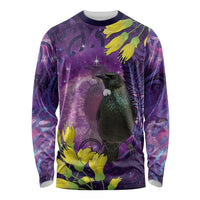 New Zealand Tui Bird Matariki Long Sleeve Shirt Kowhai Flower Silver Fern Galaxy Maori Pattern LT22 Unisex Purple - Polynesian Pride