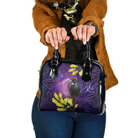 New Zealand Tui Bird Matariki Shoulder Handbag Kowhai Flower Silver Fern Galaxy Maori Pattern LT22 One Size Purple - Polynesian Pride