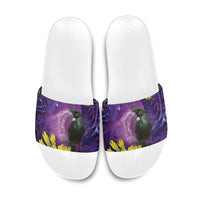 New Zealand Tui Bird Matariki Slide Sandals Kowhai Flower Silver Fern Galaxy Maori Pattern LT22 Purple - Polynesian Pride