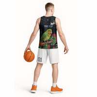 New Zealand Kakapo Matariki Personalised Basketball Jersey Pohutukawa Flower Galaxy Maori Pattern LT22 - Polynesian Pride