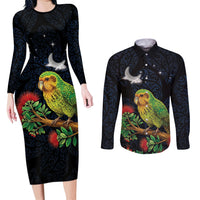 New Zealand Kakapo Matariki Personalised Couples Matching Long Sleeve Bodycon Dress and Long Sleeve Button Shirt Pohutukawa Flower Galaxy Maori Pattern LT22 Black - Polynesian Pride