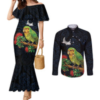 New Zealand Kakapo Matariki Personalised Couples Matching Mermaid Dress and Long Sleeve Button Shirt Pohutukawa Flower Galaxy Maori Pattern LT22 Black - Polynesian Pride