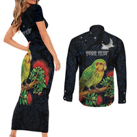 New Zealand Kakapo Matariki Personalised Couples Matching Short Sleeve Bodycon Dress and Long Sleeve Button Shirt Pohutukawa Flower Galaxy Maori Pattern LT22 - Polynesian Pride