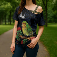 New Zealand Kakapo Matariki Personalised Cross Shoulder Shirt Pohutukawa Flower Galaxy Maori Pattern LT22 - Polynesian Pride