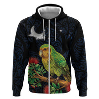 New Zealand Kakapo Matariki Personalised Hoodie Pohutukawa Flower Galaxy Maori Pattern LT22 Zip Hoodie Black - Polynesian Pride