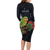 New Zealand Kakapo Matariki Personalised Long Sleeve Bodycon Dress Pohutukawa Flower Galaxy Maori Pattern LT22 - Polynesian Pride