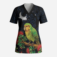 New Zealand Kakapo Matariki Personalised Scrub Top Pohutukawa Flower Galaxy Maori Pattern