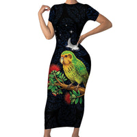 New Zealand Kakapo Matariki Personalised Short Sleeve Bodycon Dress Pohutukawa Flower Galaxy Maori Pattern LT22 Long Dress Black - Polynesian Pride