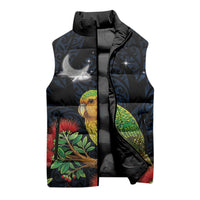 New Zealand Kakapo Matariki Personalised Sleeveless Puffer Jacket Pohutukawa Flower Galaxy Maori Pattern