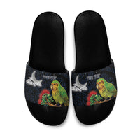 New Zealand Kakapo Matariki Personalised Slide Sandals Pohutukawa Flower Galaxy Maori Pattern