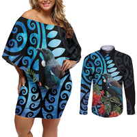 Tui Bird Kakabeak New Zealand Couples Matching Off Shoulder Short Dress and Long Sleeve Button Shirt Clianthus Galaxy Maori Koru Pattern LT22 Blue - Polynesian Pride