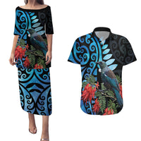 Tui Bird Kakabeak New Zealand Couples Matching Puletasi and Hawaiian Shirt Clianthus Galaxy Maori Koru Pattern LT22 Blue - Polynesian Pride