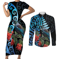 Tui Bird Kakabeak New Zealand Couples Matching Short Sleeve Bodycon Dress and Long Sleeve Button Shirt Clianthus Galaxy Maori Koru Pattern LT22 Blue - Polynesian Pride
