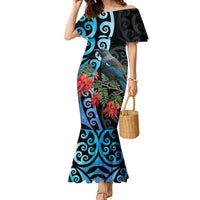 Tui Bird Kakabeak New Zealand Family Matching Mermaid Dress and Hawaiian Shirt Clianthus Galaxy Maori Koru Pattern LT22 Mom's Dress Blue - Polynesian Pride