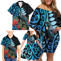 Tui Bird Kakabeak New Zealand Family Matching Off Shoulder Short Dress and Hawaiian Shirt Clianthus Galaxy Maori Koru Pattern LT22 - Polynesian Pride