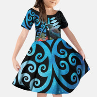 Tui Bird Kakabeak New Zealand Family Matching Tank Maxi Dress and Hawaiian Shirt Clianthus Galaxy Maori Koru Pattern LT22 Daughter's Dress Blue - Polynesian Pride