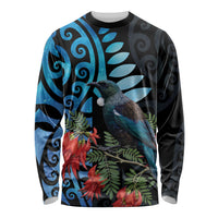 Tui Bird Kakabeak New Zealand Long Sleeve Shirt Clianthus Galaxy Maori Koru Pattern