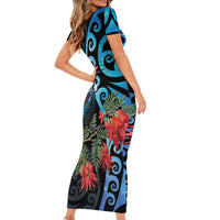 Tui Bird Kakabeak New Zealand Short Sleeve Bodycon Dress Clianthus Galaxy Maori Koru Pattern LT22 - Polynesian Pride