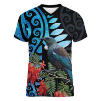Tui Bird Kakabeak New Zealand Women V-Neck T-Shirt Clianthus Galaxy Maori Koru Pattern LT22 Female Blue - Polynesian Pride