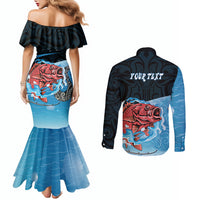 Personalised Snapper Fishing New Zealand Couples Matching Mermaid Dress and Long Sleeve Button Shirt Tamure Fish Hook Maori Pattern LT22 - Polynesian Pride