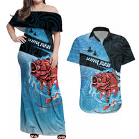 Personalised Snapper Fishing New Zealand Couples Matching Off Shoulder Maxi Dress and Hawaiian Shirt Tamure Fish Hook Maori Pattern LT22 Blue - Polynesian Pride